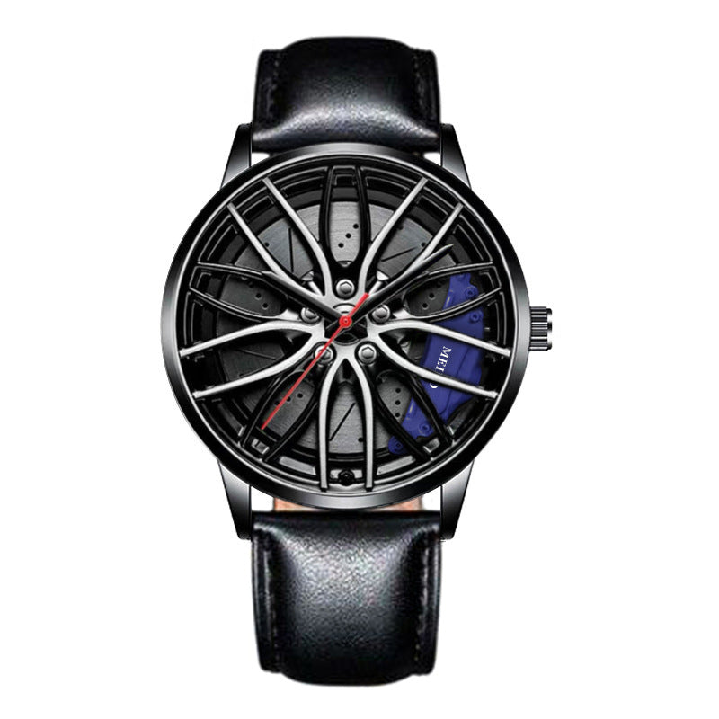 Men’s quartz wristwatch with black leather strap; racing wheel dial with blue accents