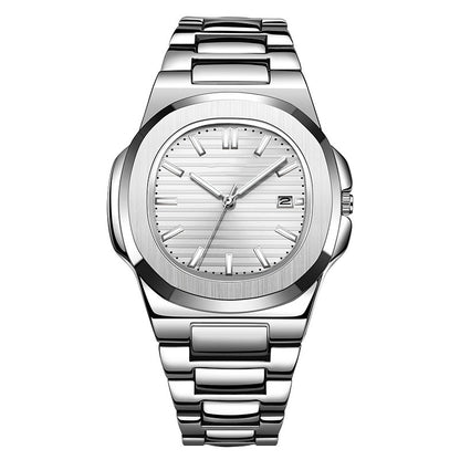 Silver wristwatch with a white face on a white background