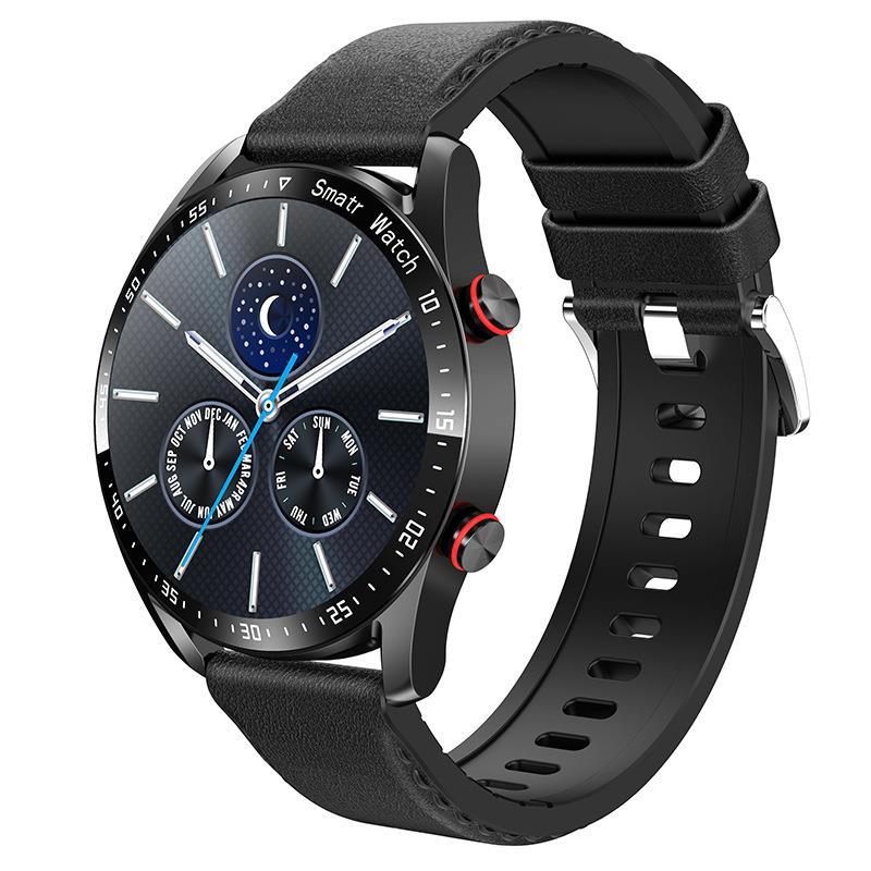 Black smartwatch with a detailed face on a white background