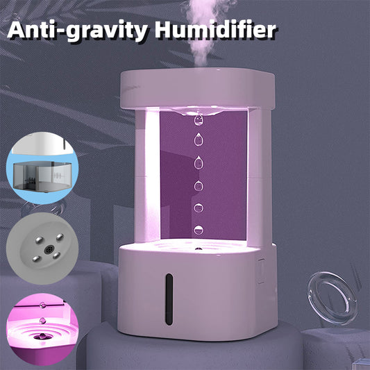 Anti-gravity humidifier with mist release and additional features displayed on a dark background