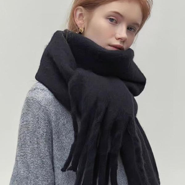 Women's wool-like scarf, black, fringed ends, soft wrap styled in a layered neck loop
