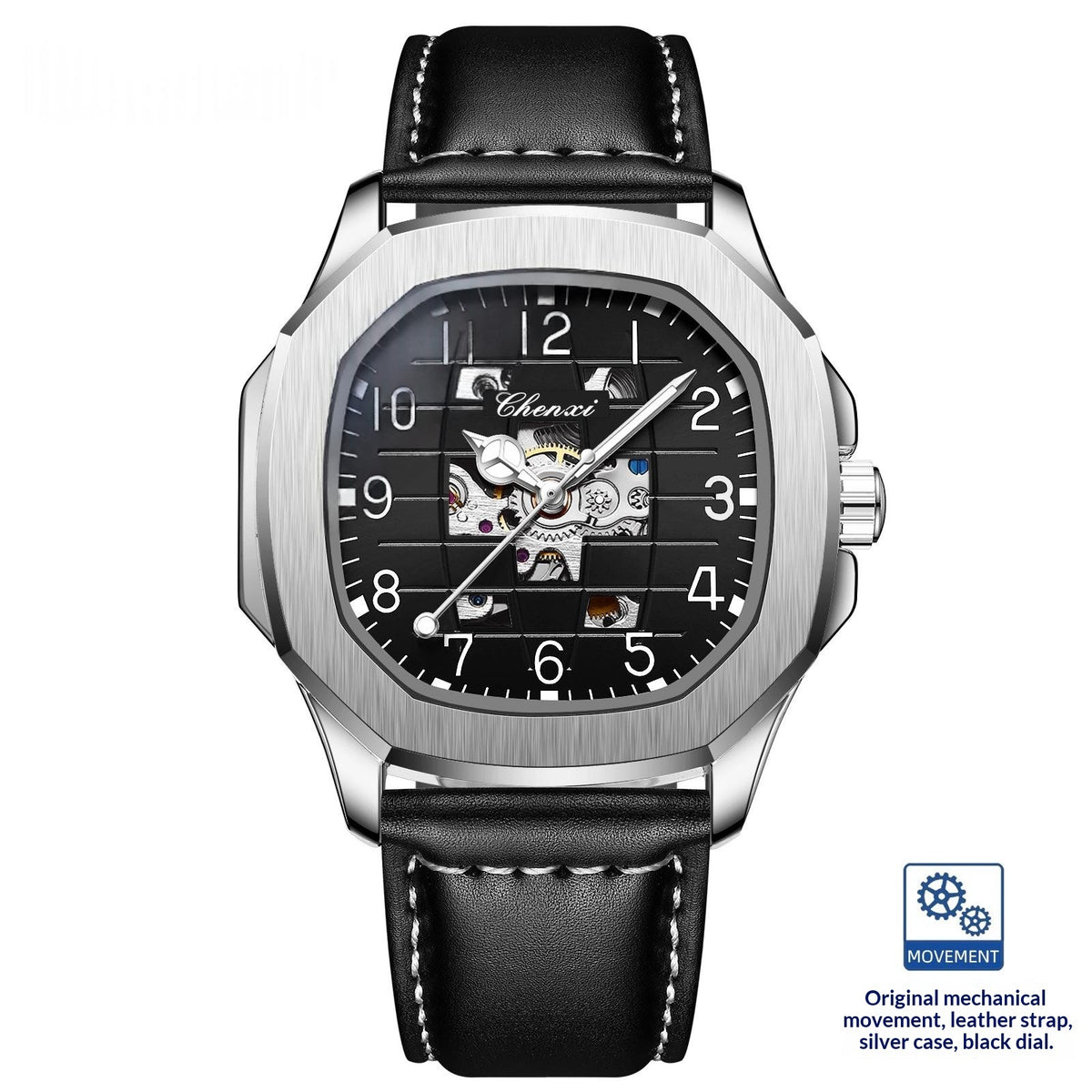 Men's square mechanical watch with silver case, black leather strap, black dial