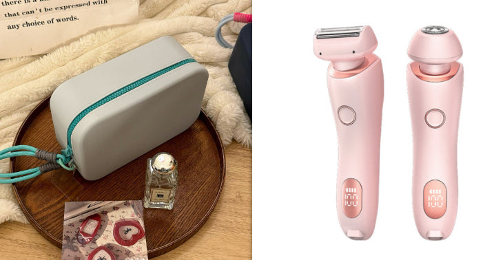 2-in-1 hair removal epilator in pink with LED display, shown with beige carrying case