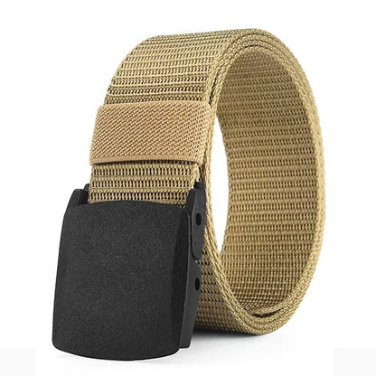 Tan belt with a black buckle on a white background
