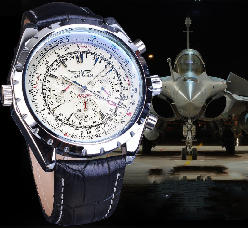 Mechanical automatic watch with white dial, silver case, black leather strap