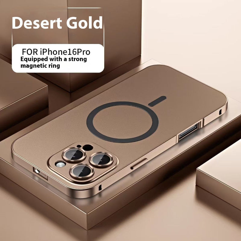 Gold phone case for iPhone16Pro with a strong magnetic ring on a beige background