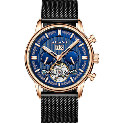 Luxury watch with blue face and black mesh strap on a white background