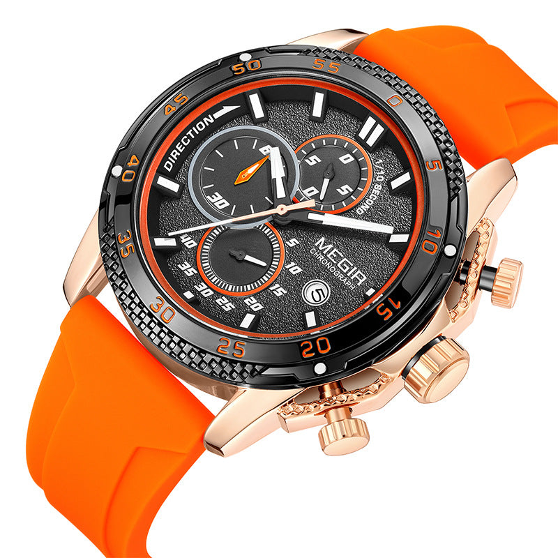 Men's sport quartz watch with orange silicone strap and black dial with orange accents