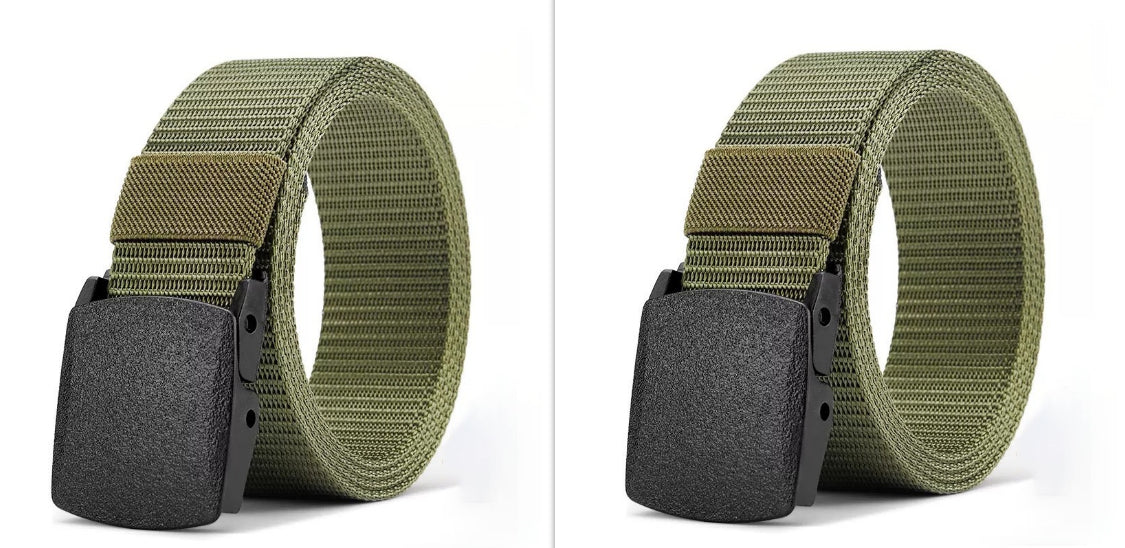 Green tactical belt with black buckle on a white background
