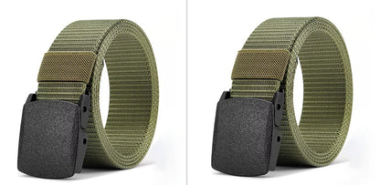 Green tactical belt with black buckle on a white background