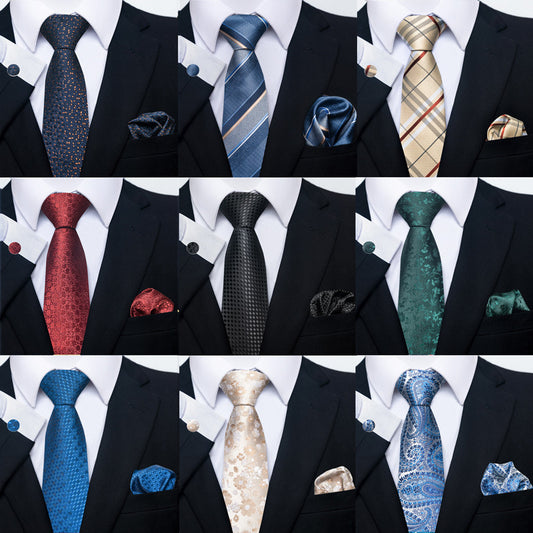 Collection of suits with various ties and pocket squares on a white background