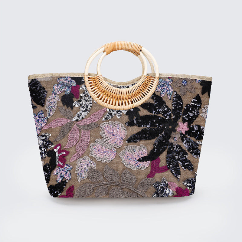 Large woven cotton tote bag with dark purple floral sequins and rattan half-moon handle