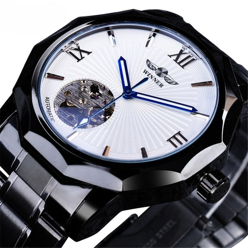 Men's mechanical watch, white dial with blue markers, visible movement, steel case, black bracelet