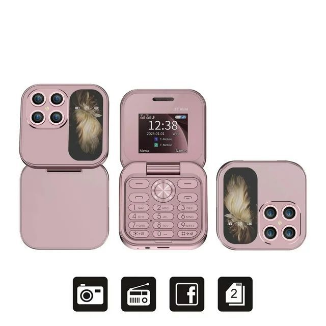 Pink folding flip phone set with closed cover, open keypad, display, and rear camera module