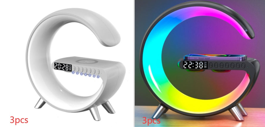 White and black G-shaped LED lamps with clocks and wireless charging pads