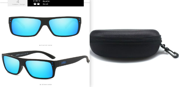 Sports sunglasses with black frame and blue mirrored lenses, angled side view