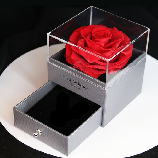 Red rose in a transparent box labeled 'Best Wishes' on a white surface.