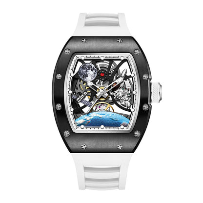 Luxury watch with a white strap and black case on a white background