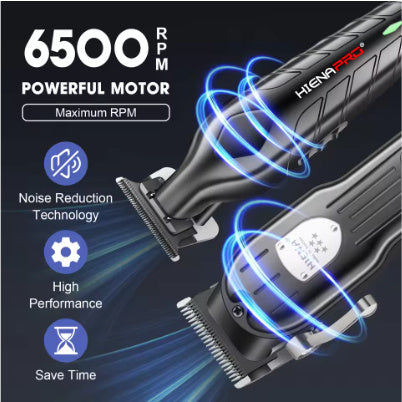 Black hair clipper with motor speed and noise-reduction motion graphic