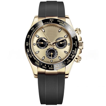 Mechanical wristwatch on black rubber strap, gold-tone case; champagne dial with 3 subdials