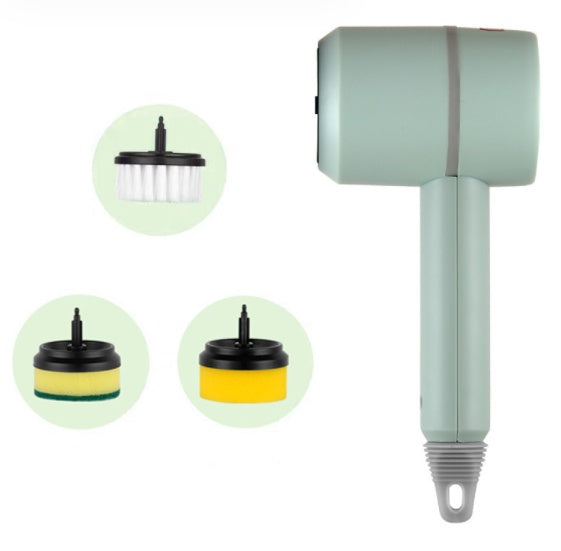 Mint green electric cleaning brush with sponge and bristle attachment heads