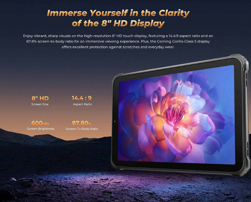 8-inch HD display tablet with vibrant flower image on screen against a dark background
