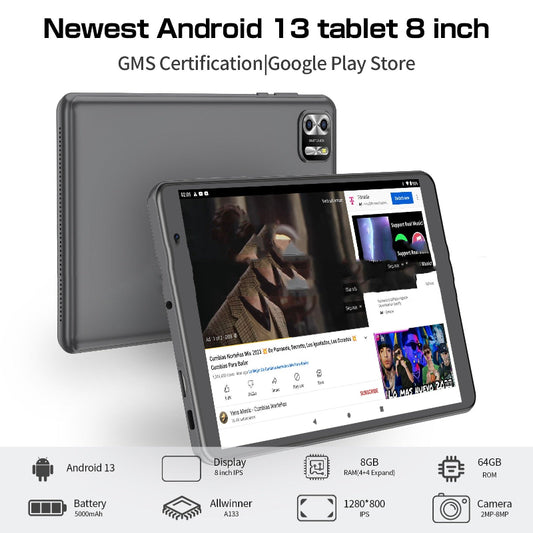 8-inch tablet with Android 13, GMS certification, and Google Play Store support on a white background.