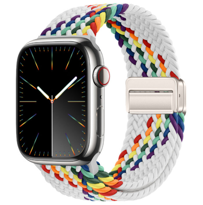 Smartwatch with a colorful braided band on a white background