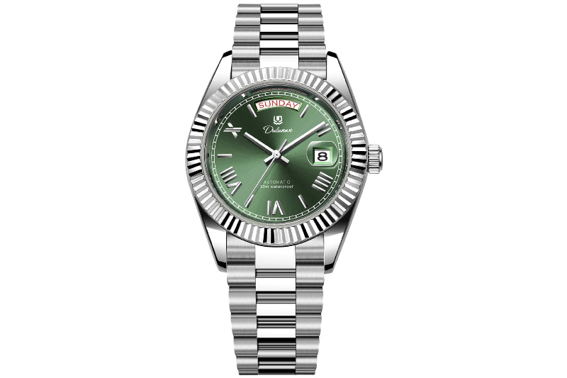 Stainless steel automatic men's watch with green dial and dual calendar windows