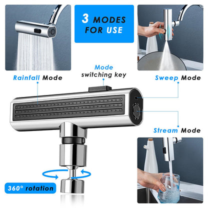 Shower head with multiple modes and features highlighted on a white background