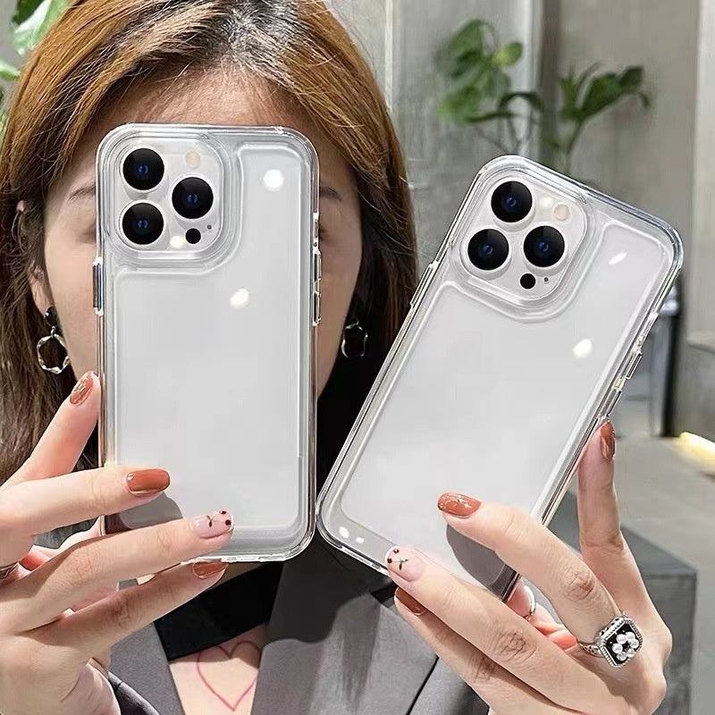 Transparent acrylic phone case with raised edges and camera cutouts, clear bumper cover