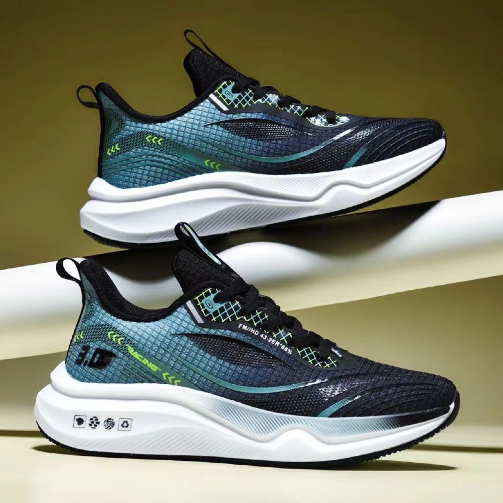 Men's mesh sneakers in dark blue with green accents, lace-up, side view