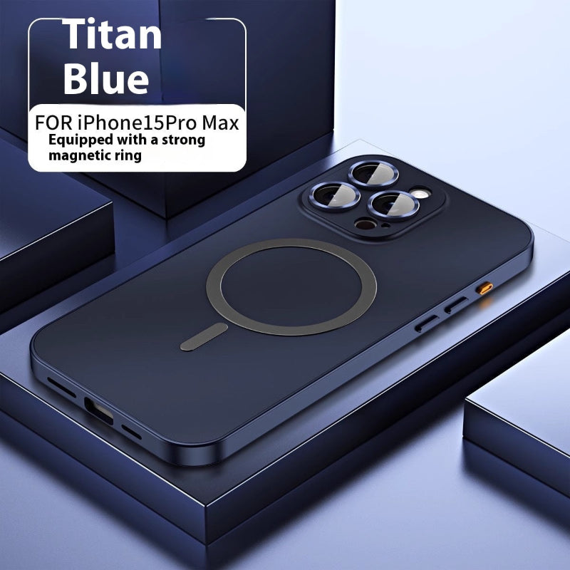 Titan Blue phone case for iPhone 15 Pro Max with magnetic ring on a blue background