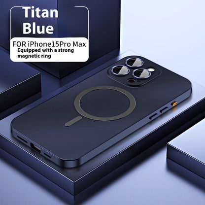 Titan Blue phone case for iPhone 15 Pro Max with magnetic ring on a blue background