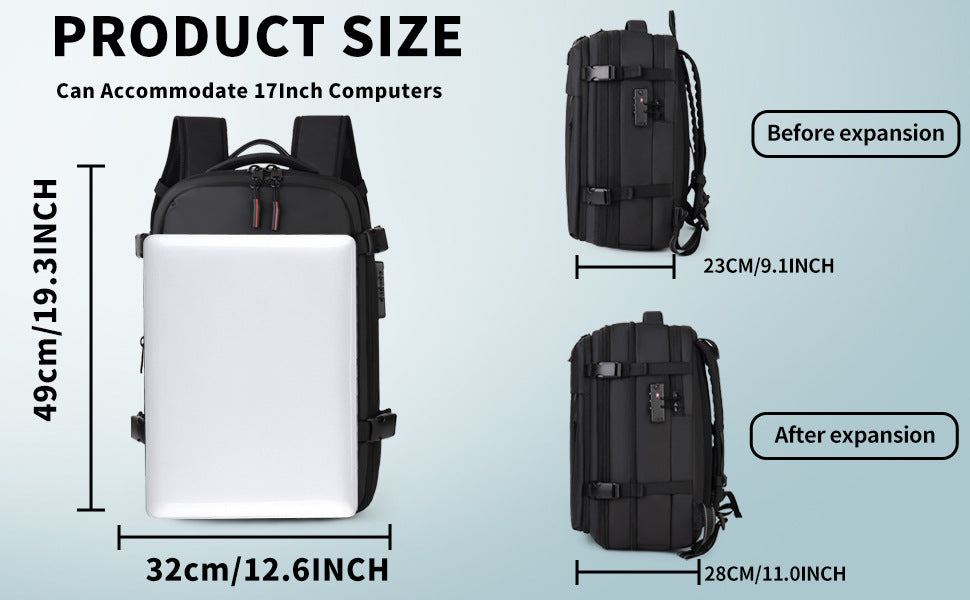 Black backpack with front pocket and straps shown with expanded size dimensions