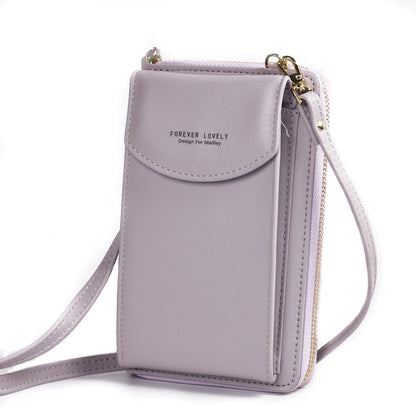 Lavender PU leather crossbody wallet purse with front flap and long crossbody strap
