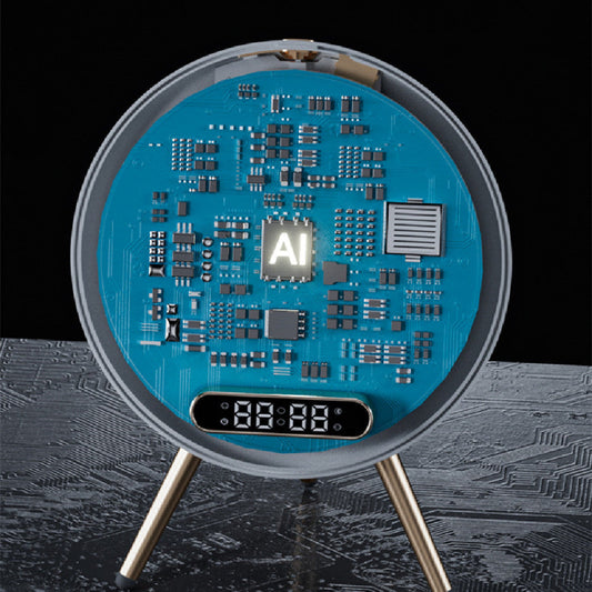 Circular electronic device with circuit board design and digital display on a dark background