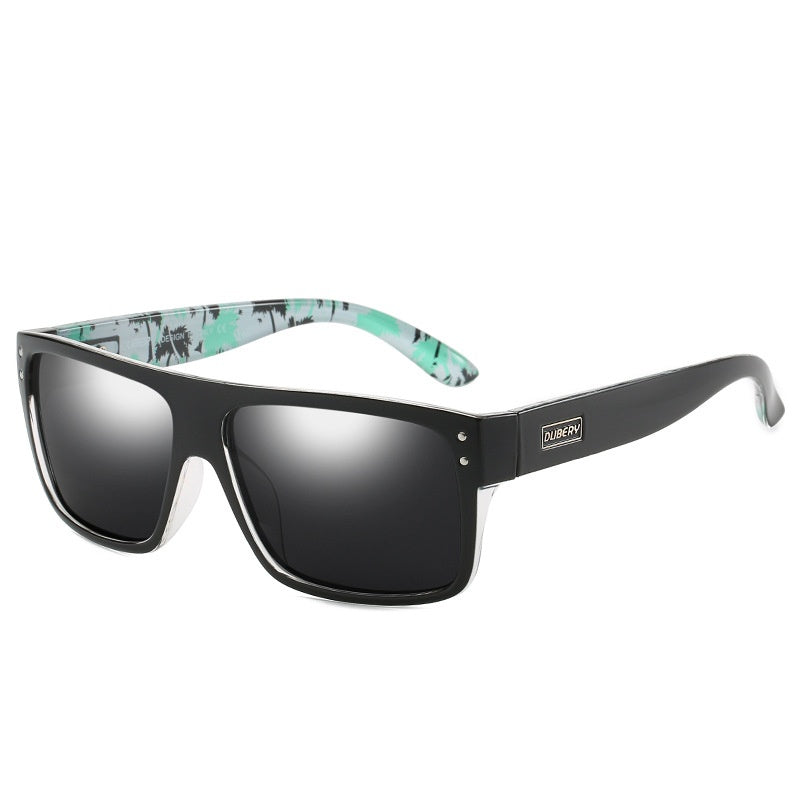 Sports sunglasses with black frame and mirrored dark lenses, turquoise patterned temple arms