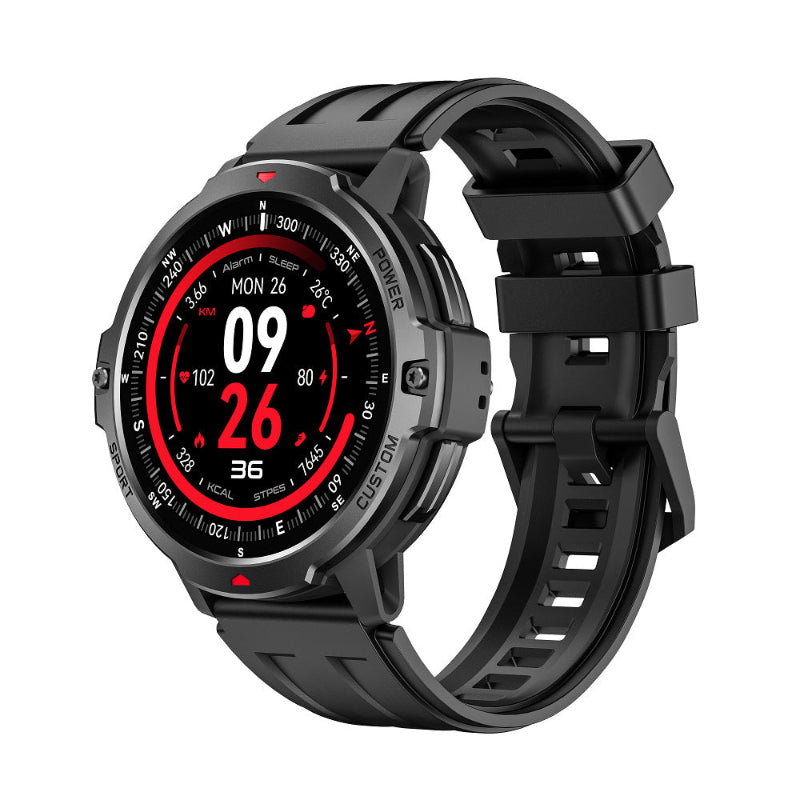 Black smartwatch with a red display on a white background