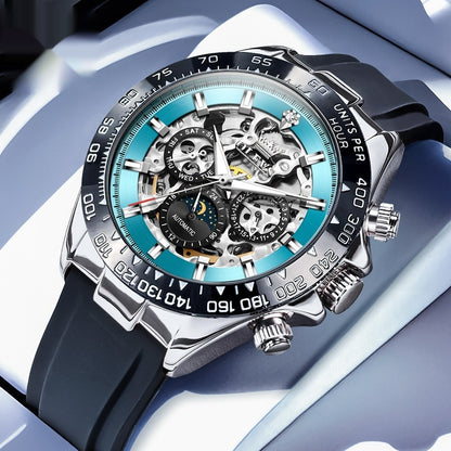 Luxury watch with black strap and transparent face on a white background