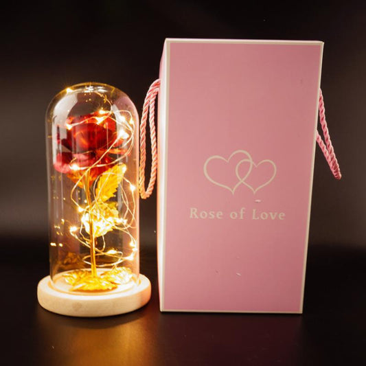 Decorative rose in a glass dome with 'Rose of Love' packaging on a dark background