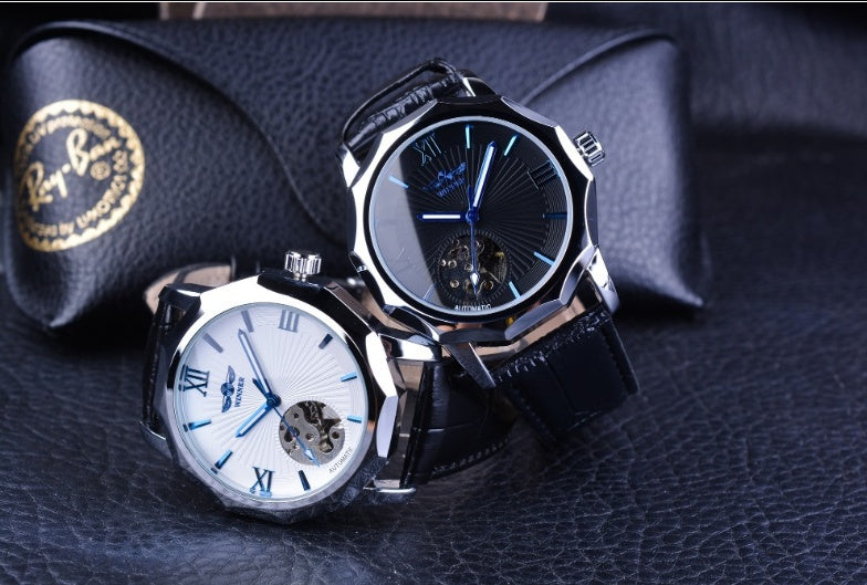 Men's automatic mechanical watches with black leather straps: one white dial, one dark dial