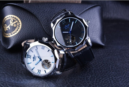 Men's automatic mechanical watches with black leather straps: one white dial, one dark dial