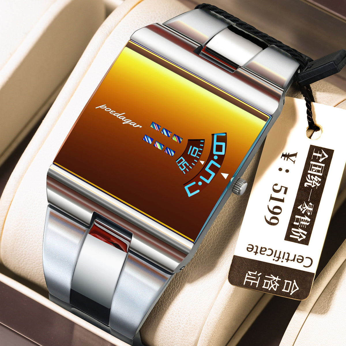Ultra-thin quartz watch with silver case and gold dial, glowing blue digits