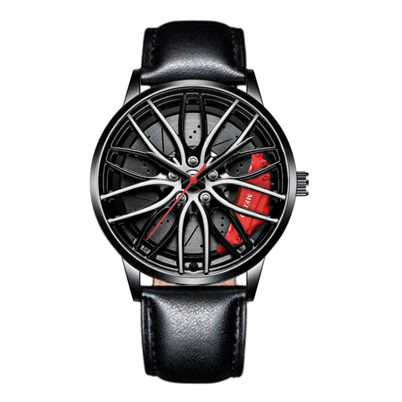 Men’s quartz wristwatch with black leather strap; racing wheel dial with red accents