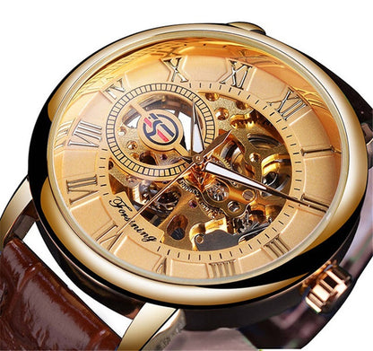 Gold wristwatch with visible mechanical components on a white background