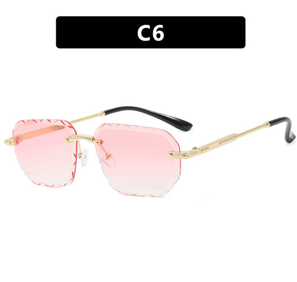 Square small sunglasses with metal trim, rosy pink lenses and black arms