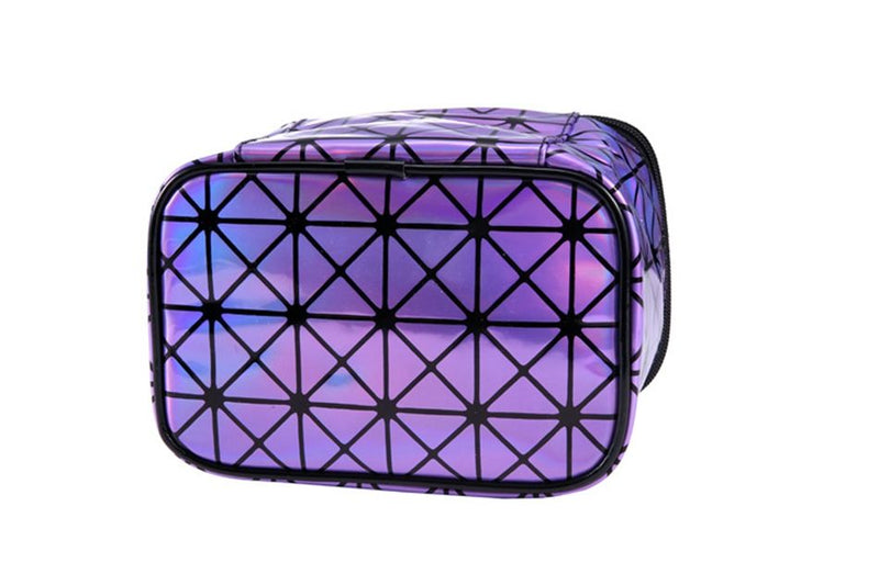 Purple holographic cosmetic bag side view with black trim and geometric pattern