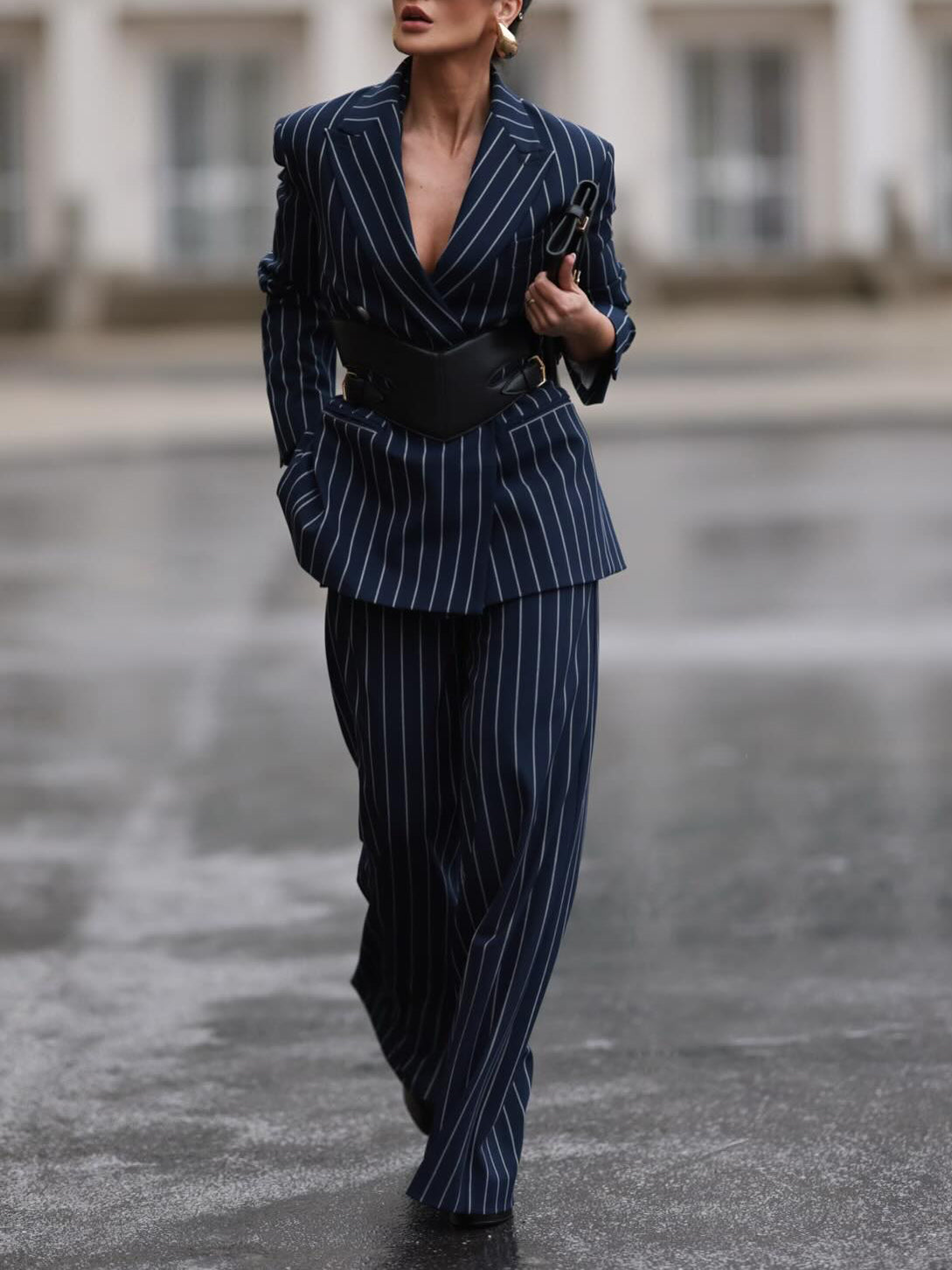 Women's Striped Blazer & High Waist Pants Set