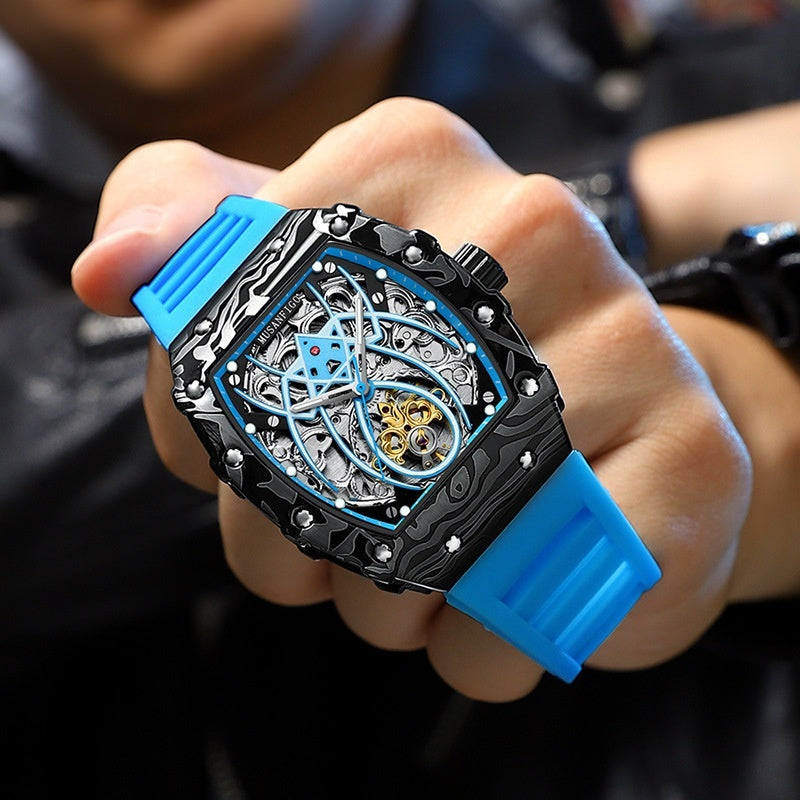 Automatic mechanical watch on wrist with sky blue strap and blue skeleton dial